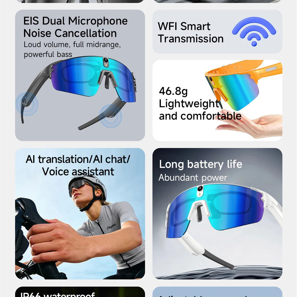 Cycling AI Smart Glasses 4K HD 800W Camera Bluetooth Call Translation Anti-shake Sunglasses Men Women Anit UV Waterproof Music