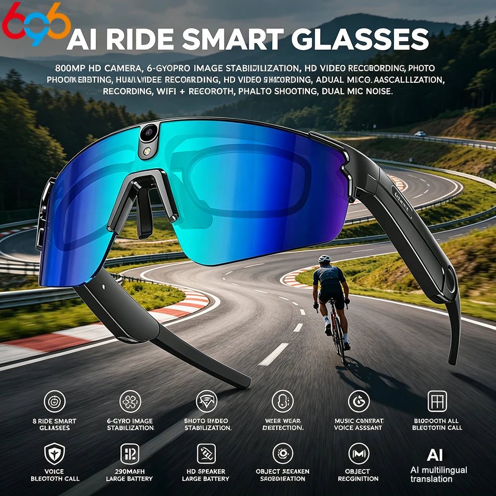 Cycling AI Smart Glasses 4K HD 800W Camera Bluetooth Call Translation Anti-shake Sunglasses Men Women Anit UV Waterproof Music